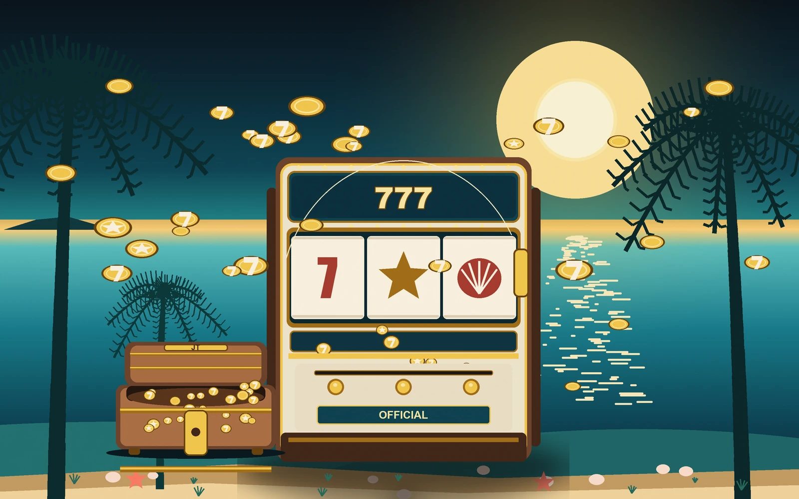 Poster pulau emas jt777: lemari slot berbingkai emas dengan tiga drum reel angka 7, bintang, dan kerang di atas gumuk pasir, pohon kelapa, laguna pirus, dan koin emas beterbangan.