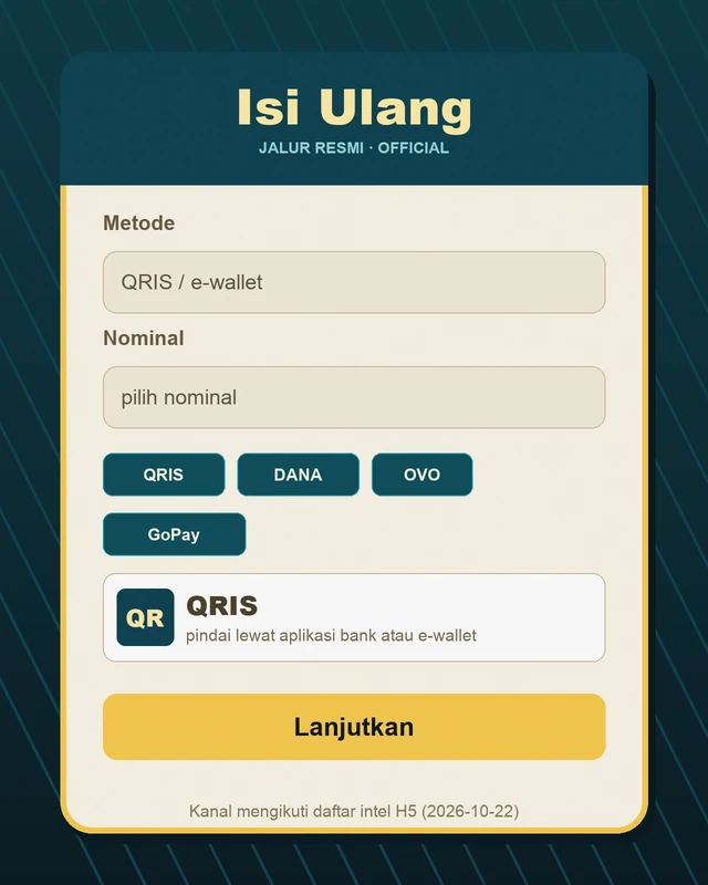 Panel isi ulang jt777: kolom metode QRIS/e-wallet, chip QRIS, DANA, OVO, GoPay, kartu metode QRIS, dan tombol Lanjutkan.