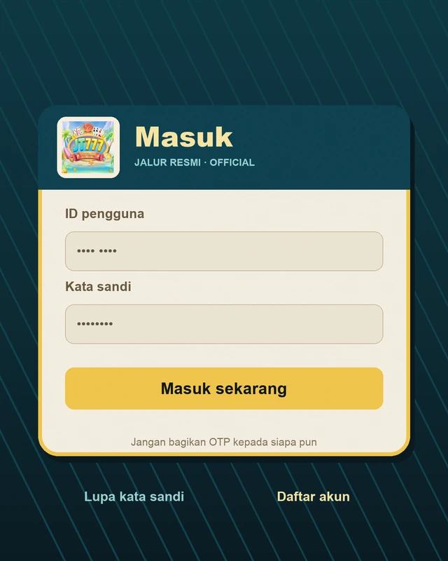 Panel masuk jt777: logo resmi di kepala kartu, kolom ID pengguna dan kata sandi, tombol Masuk sekarang, catatan OTP, dan tautan bantuan.