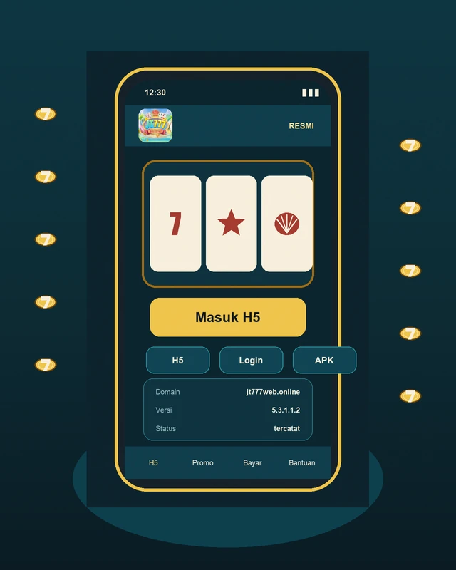 Ponsel menampilkan antarmuka H5 jt777: logo resmi, tiga reel, tombol Masuk H5 emas, bilah H5/Login/APK, dan fakta domain.